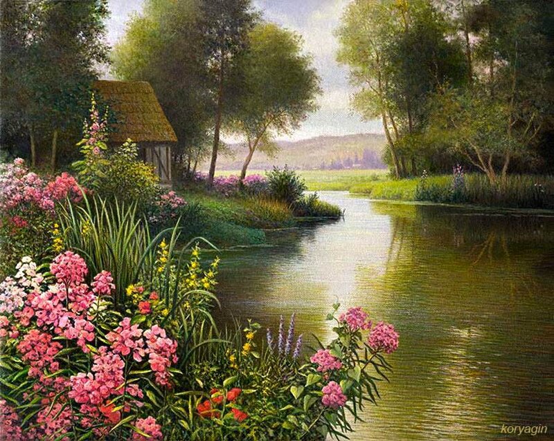 River with Flowers and Cottage