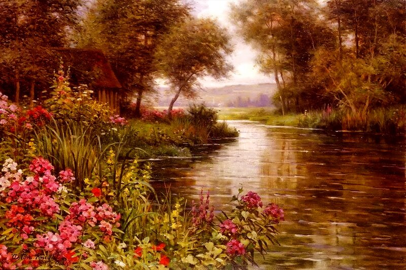 River with Flowers — Green, Serene
