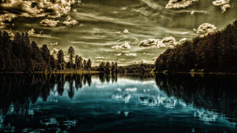 River with Forest Reflection — Blue