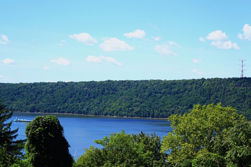 River with Forested Hills — Blue