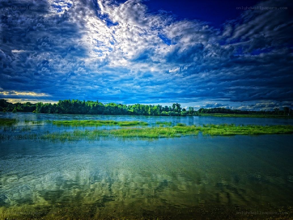 River with green islands under cloudy sky