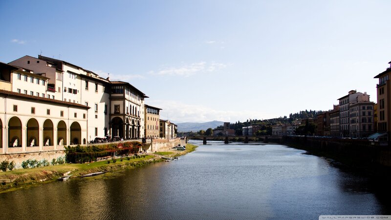 River with Historic Buildings — Blue, Serene