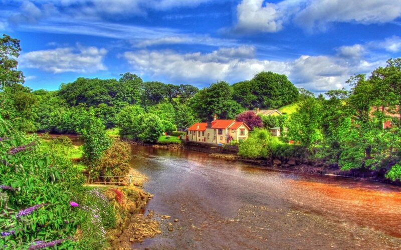 River with Houses — Blue, Serene, Afternoon