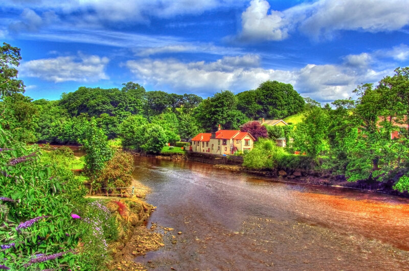River with Houses — Blue, Serene