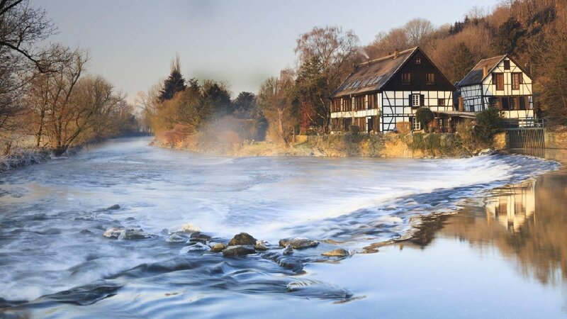 River with Houses — Blue, Serene, Winter