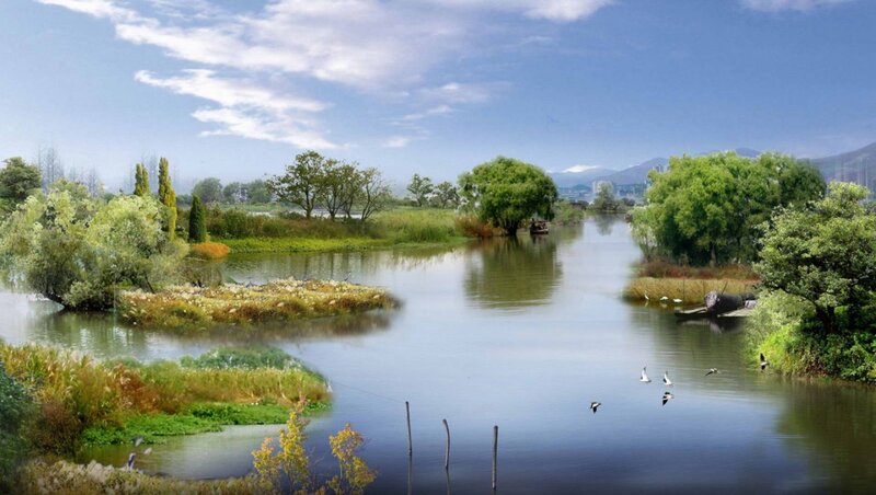 River with Islands and Birds — Blue