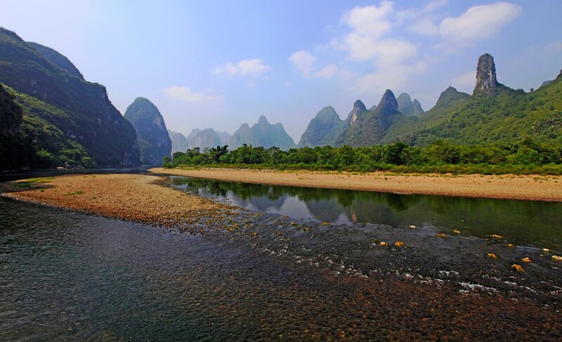 River with Karst Mountains — Green, Serene, Afternoon, Photograph, Sandbar, Trees
