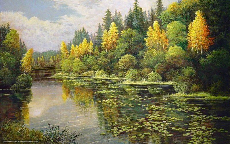 River with Lily Pads — Green, Serene, Autumn