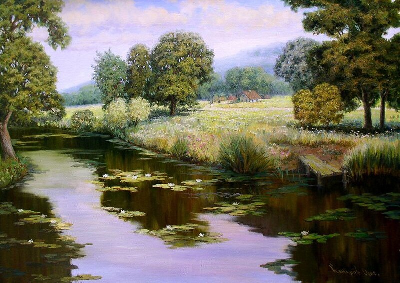 River with Lily Pads — Green