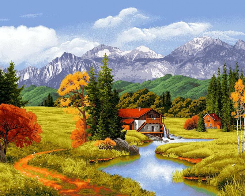 River with Mill and Mountains