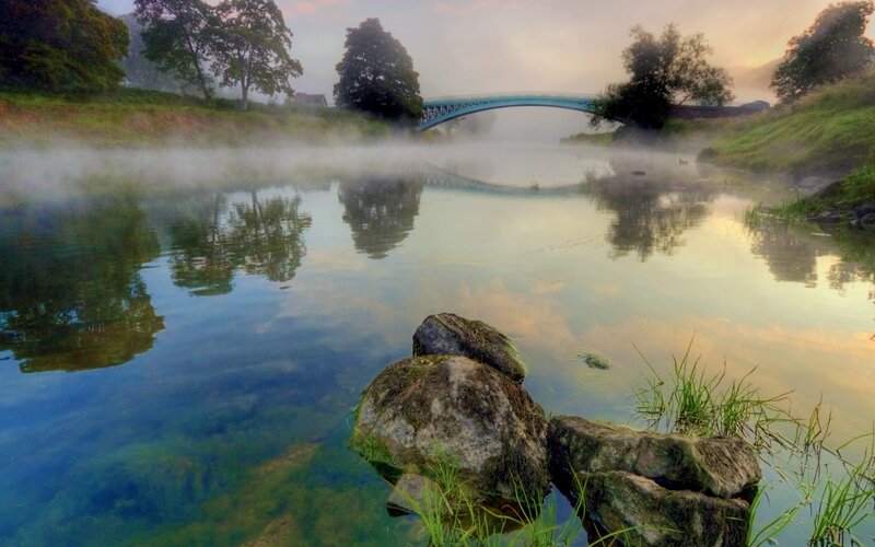 River with Mist and Bridge — Blue