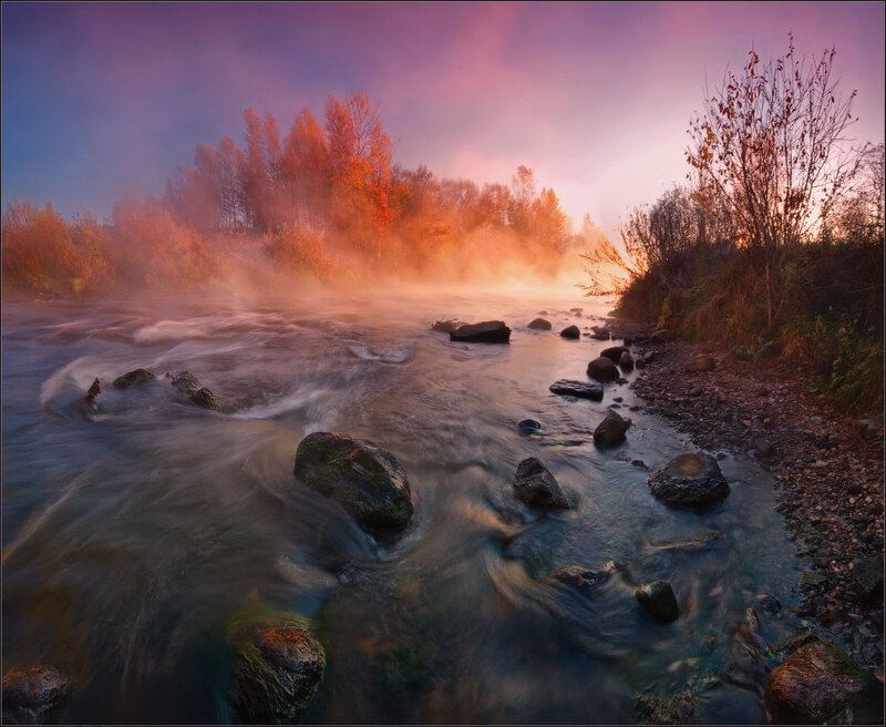 River with Mist and Rocks — Purple