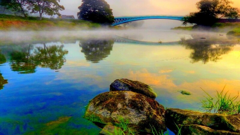River with Misty Bridge — Blue, Serene