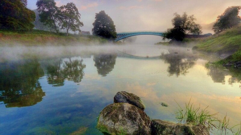 River with Misty Bridge — Blue