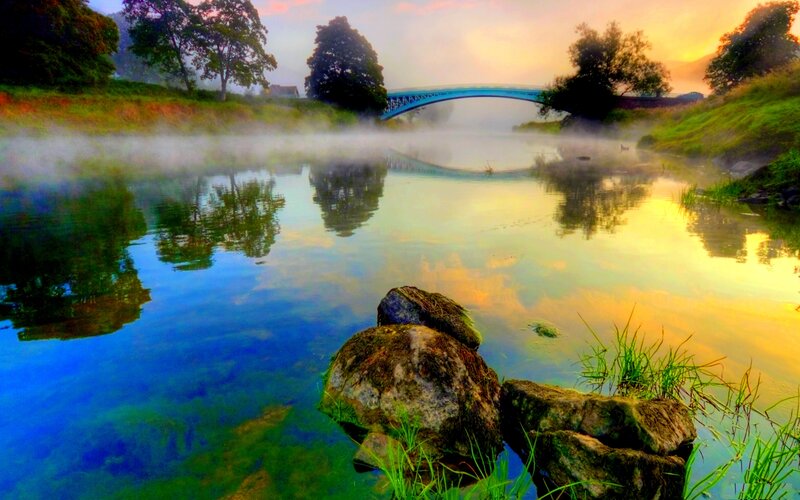 River with Misty Bridge