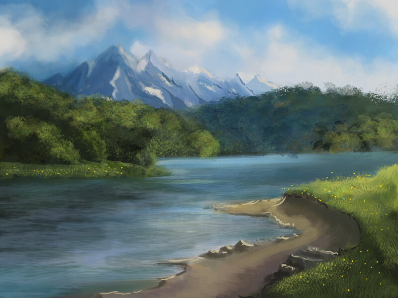 River with Mountains — Blue, Serene