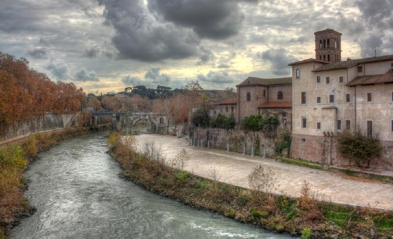 River with Old Buildings