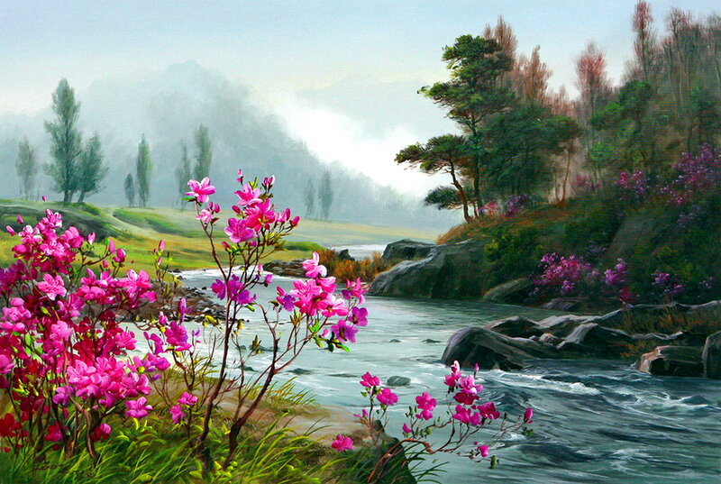 River with Pink Flowers — Serene