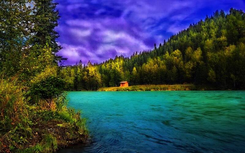 River with purple sky