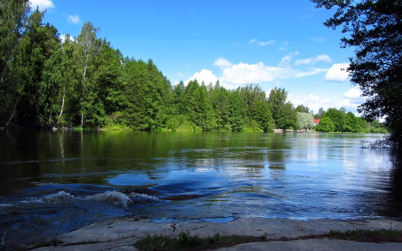 River with Rapids — Blue, Serene, Afternoon, Photograph, Trees, Sky