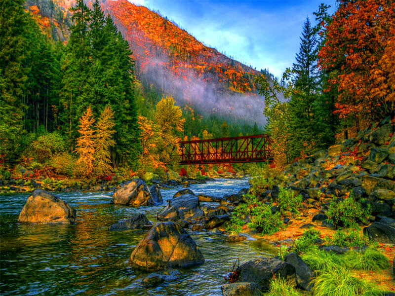 River with Red Bridge