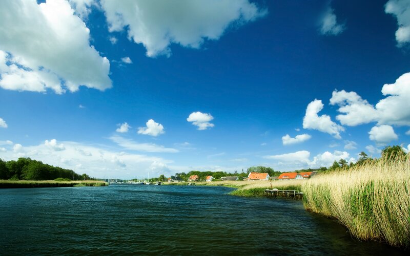 River with Reeds and Houses — Blue