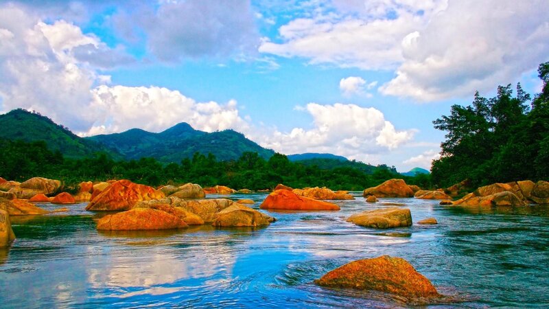 River with Rocks and Mountains — Blue, Serene