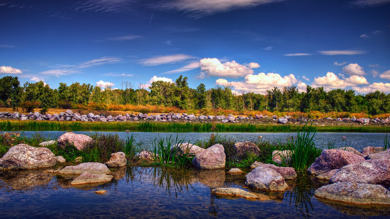 River with Rocks and Trees — Blue, Serene, Afternoon, Photograph, Clouds