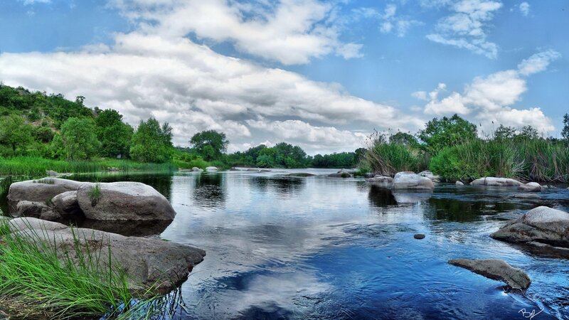 River with Rocks and Trees — Blue, Serene, Afternoon, Photograph, Sky, Green, Gray