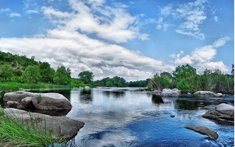 River with Rocks and Trees — Blue, Serene, Afternoon