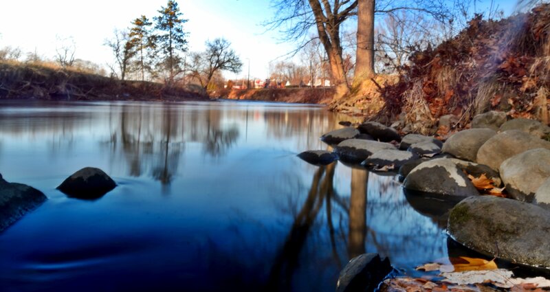 River with Rocks and Trees — Blue, Serene, Autumn