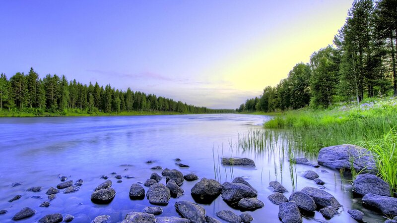 River with Rocks and Trees — Blue, Serene, Sunset, Photograph