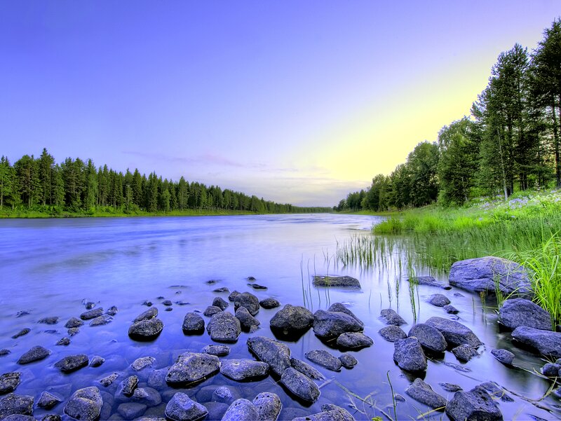 River with Rocks and Trees — Blue, Serene, Sunset