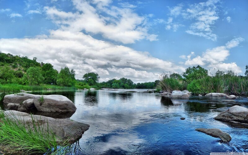 River with Rocks and Trees — Blue, Serene