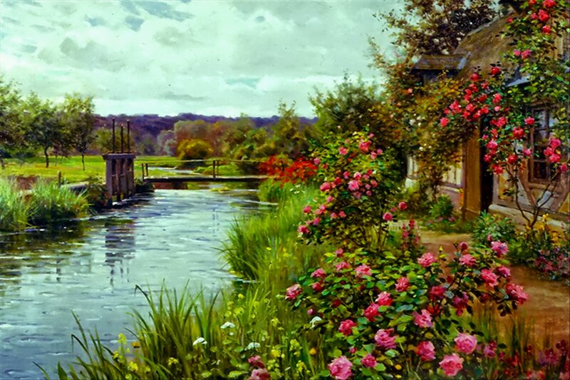 River with Rose Bushes — Green, Serene