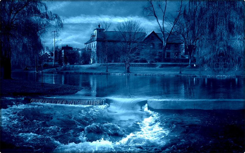 River with Small Dam — Blue