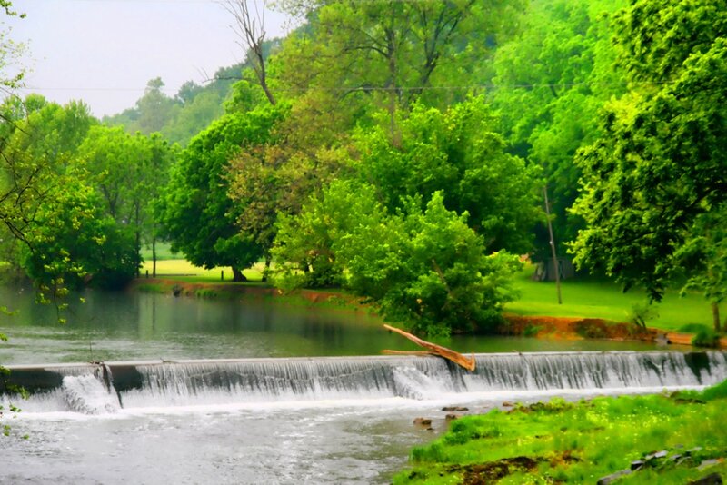 River with Small Dam — Green, Serene
