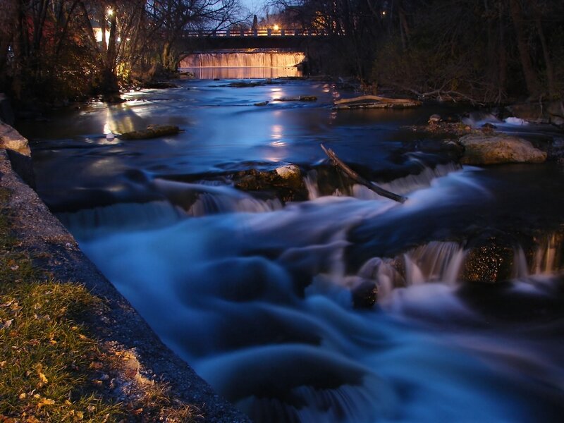 River with Small Waterfall — Blue