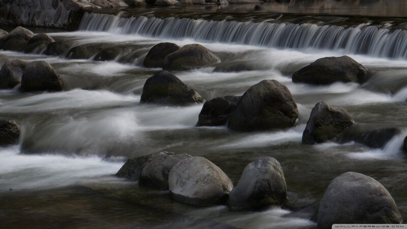 River with Small Waterfall — Gray
