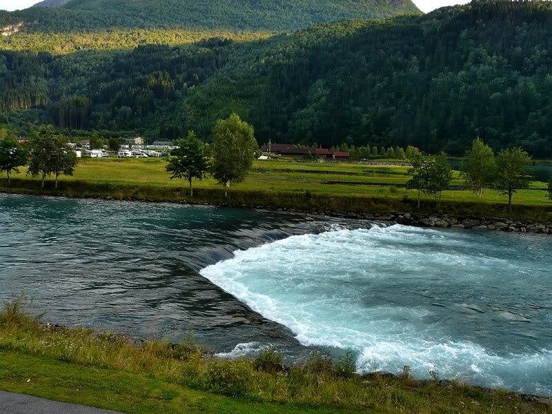 River with Small Waterfall — Green, Serene, Afternoon, Photograph