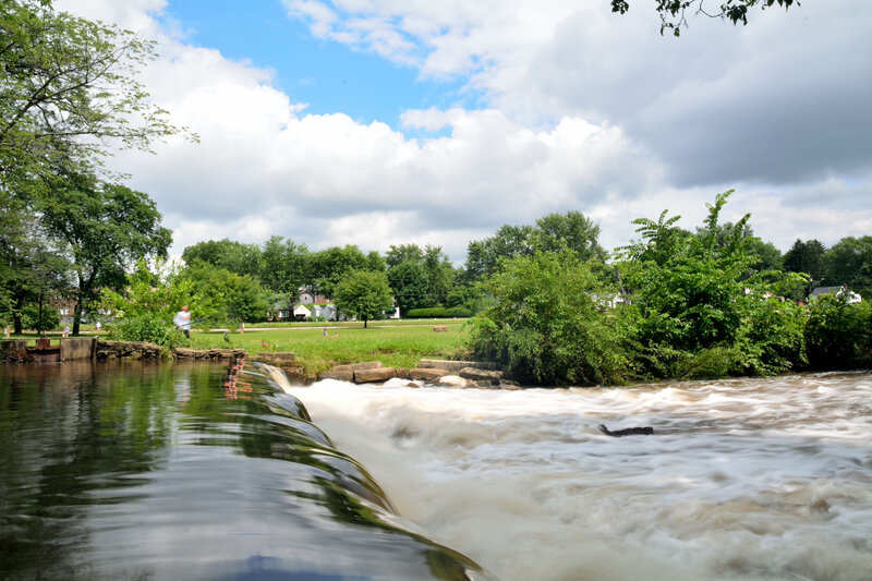 River with Small Waterfall — Green, Serene, Afternoon, Photograph, Trees