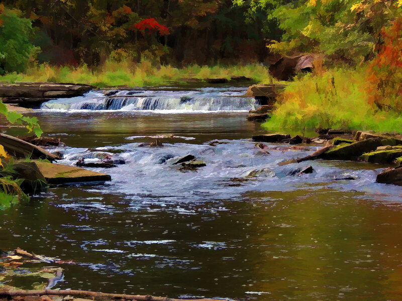 River with Small Waterfall — Green, Serene, Autumn