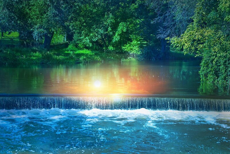 River with Small Waterfall — Green, Serene, Sunset