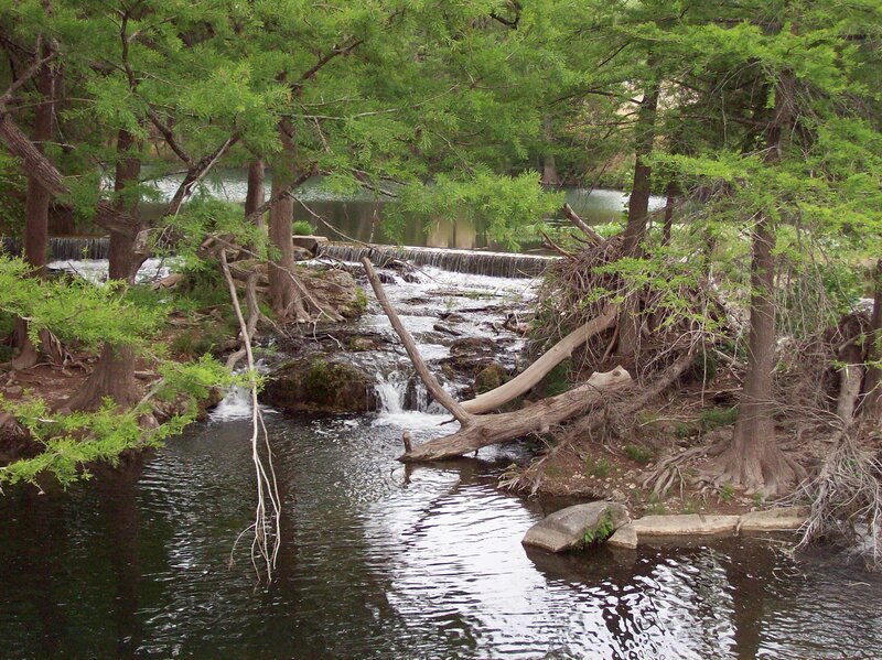 River with Small Waterfall — Green, Serene