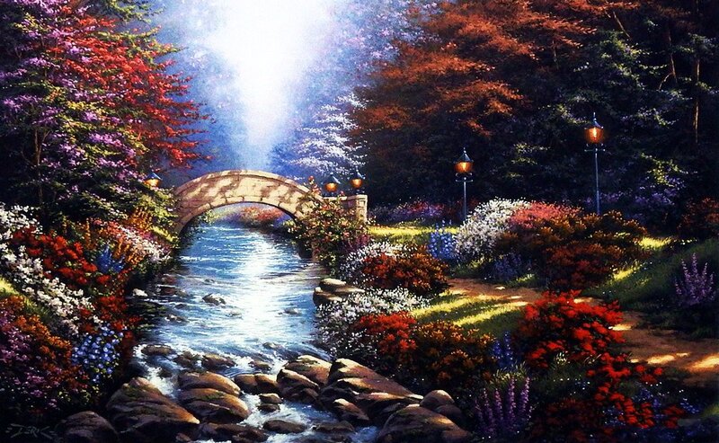 River with Stone Bridge — Blue, Serene, Afternoon, Painting