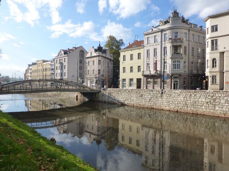 River with Stone Bridge — Blue, Serene, Afternoon, Photograph