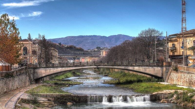 River with Stone Bridge — Blue, Serene, Autumn, Photograph
