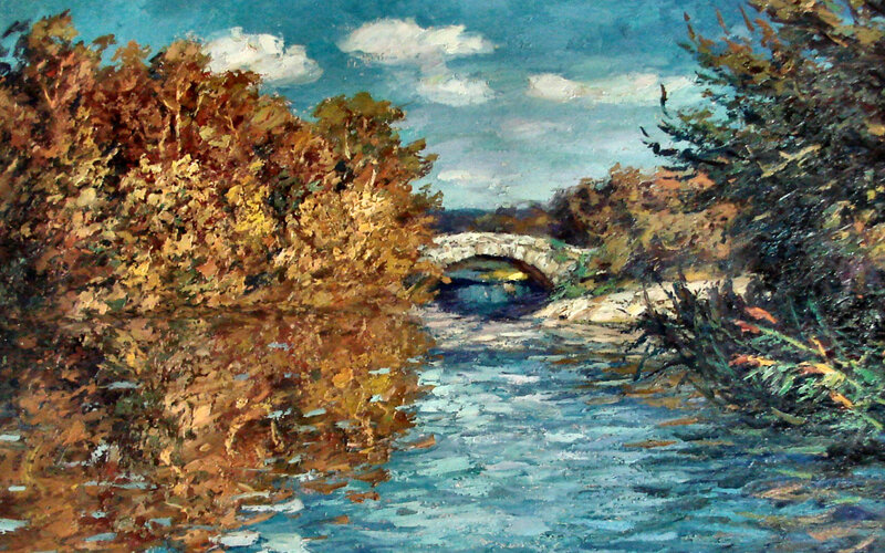 River with Stone Bridge — Blue, Serene, Autumn