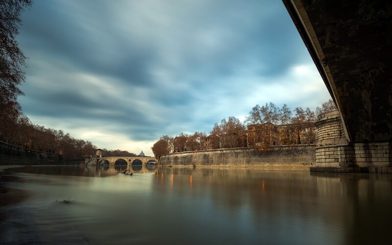 River with Stone Bridge — Blue, Serene, Morning