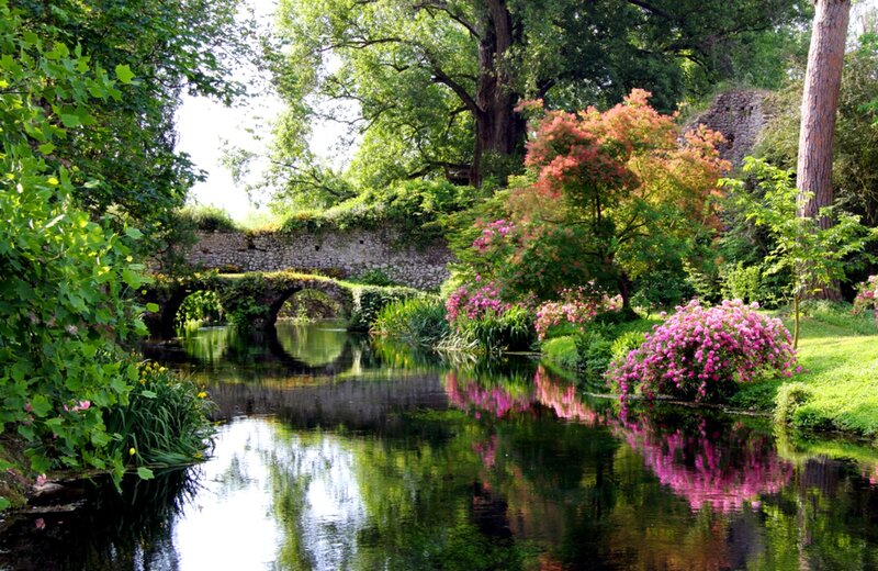 River with Stone Bridge — Green, Serene, Afternoon, Photograph, Flowers